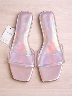 Holographic Pink Slide Sandals with Clear Strap